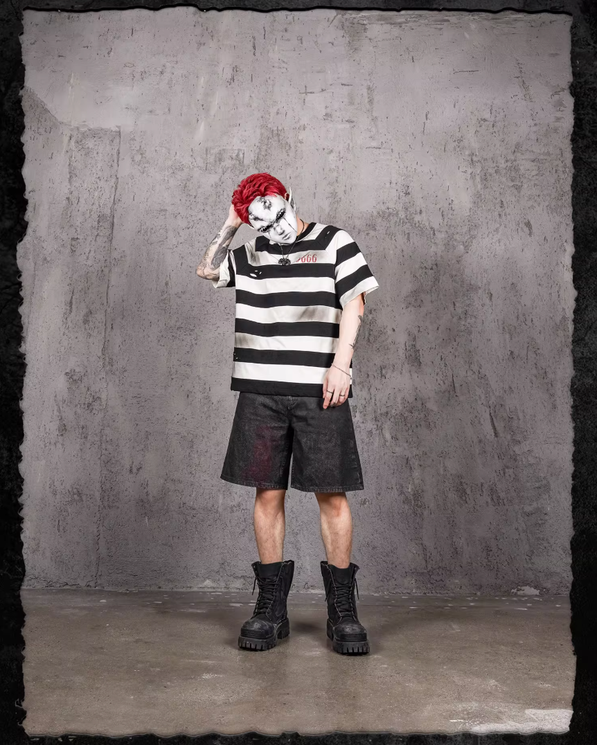 UNDERWATER Jailbird Dirty Dye Cut Distressed Stripe Tee