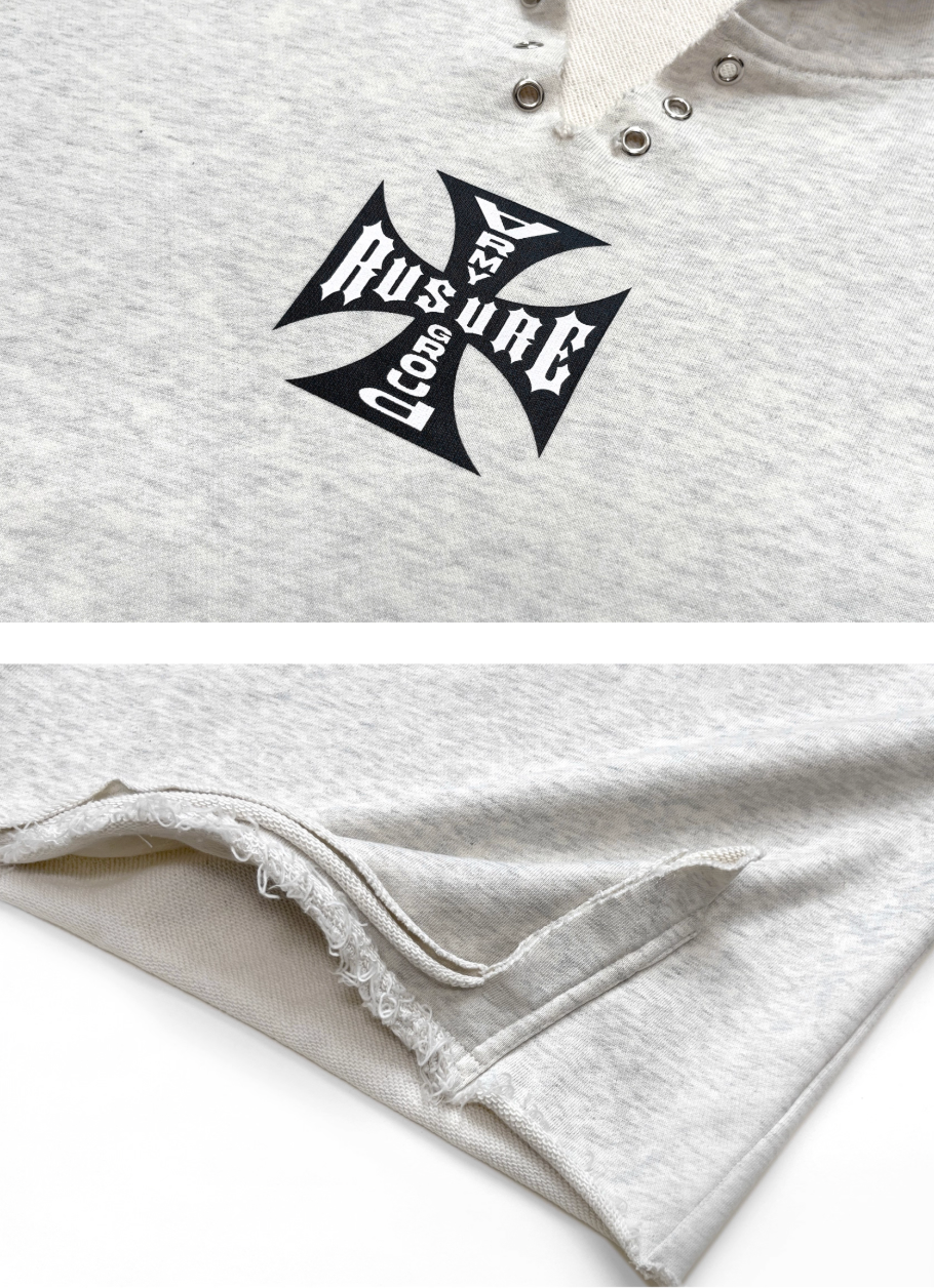 RUSURE V Neck Cross Logo Destruction Hoodie