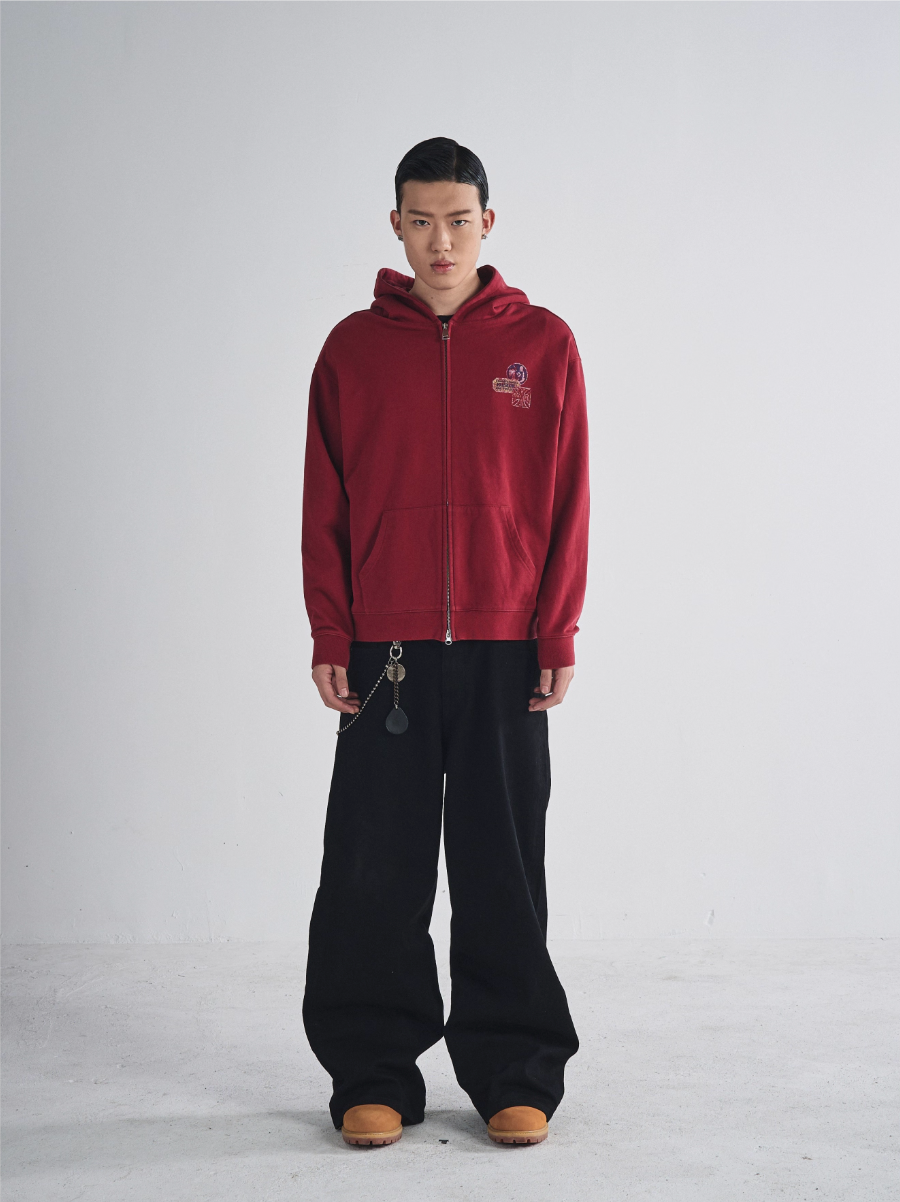 RUSURE Vintage Print Zip Up Hoodie