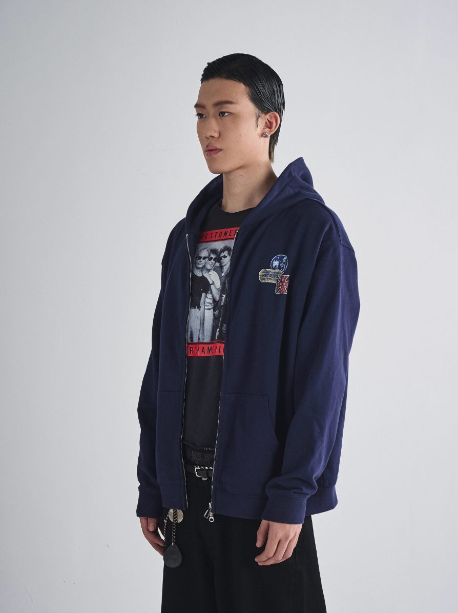 RUSURE Vintage Print Zip Up Hoodie