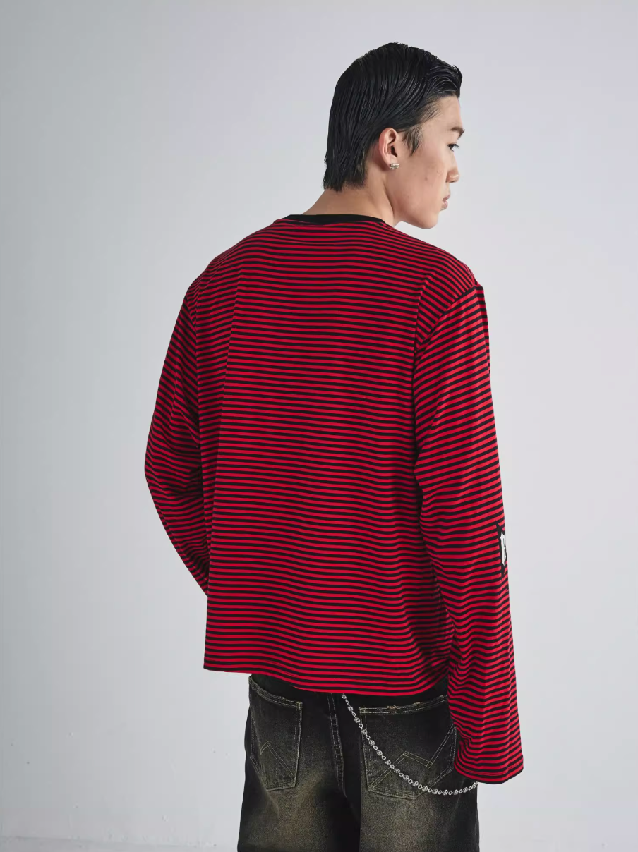 RUSURE Striped Cross Logo Print Long Sleeve Tee