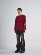 RUSURE Striped Cross Logo Print Long Sleeve Tee