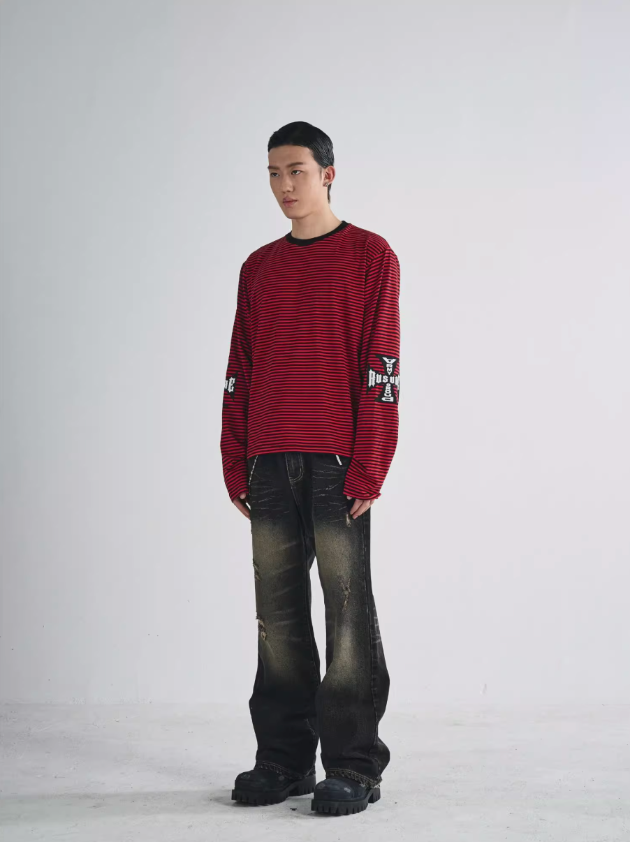 RUSURE Striped Cross Logo Print Long Sleeve Tee