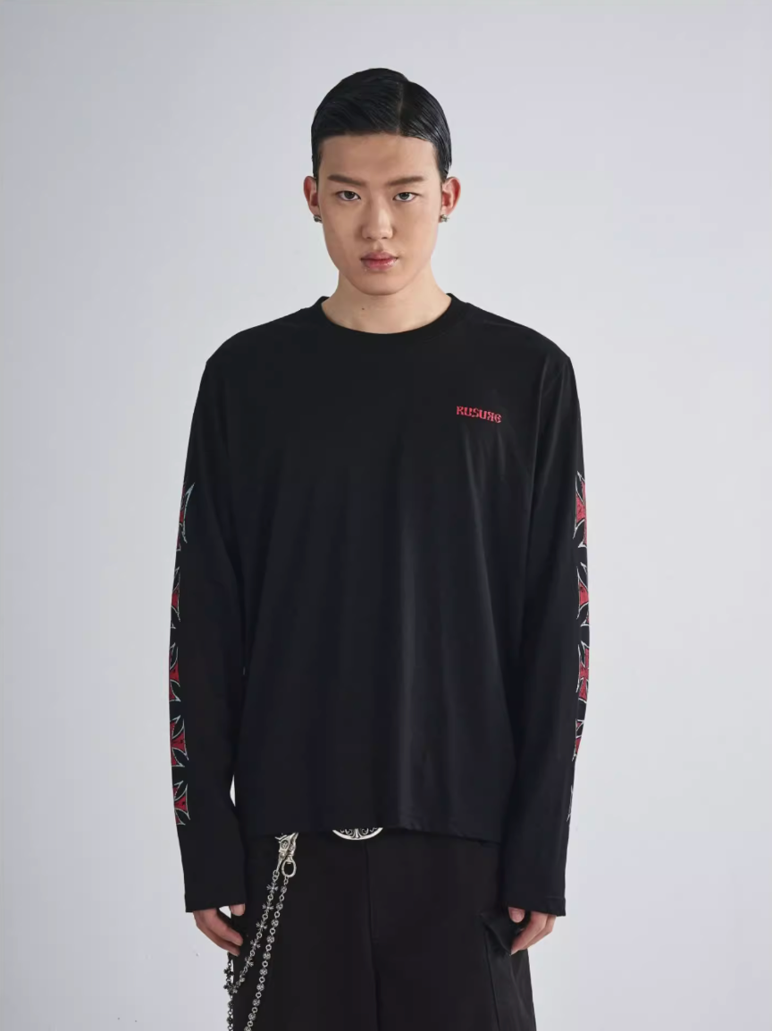 RUSURE Cross Logo Print Long Sleeve Tee