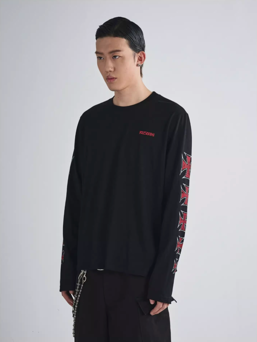 RUSURE Cross Logo Print Long Sleeve Tee