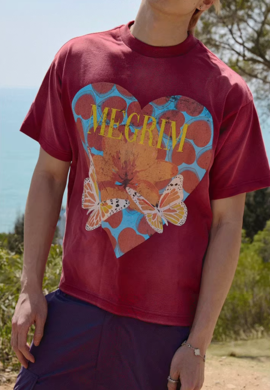 RUSURE Washed Butterfly Heart Print Tee