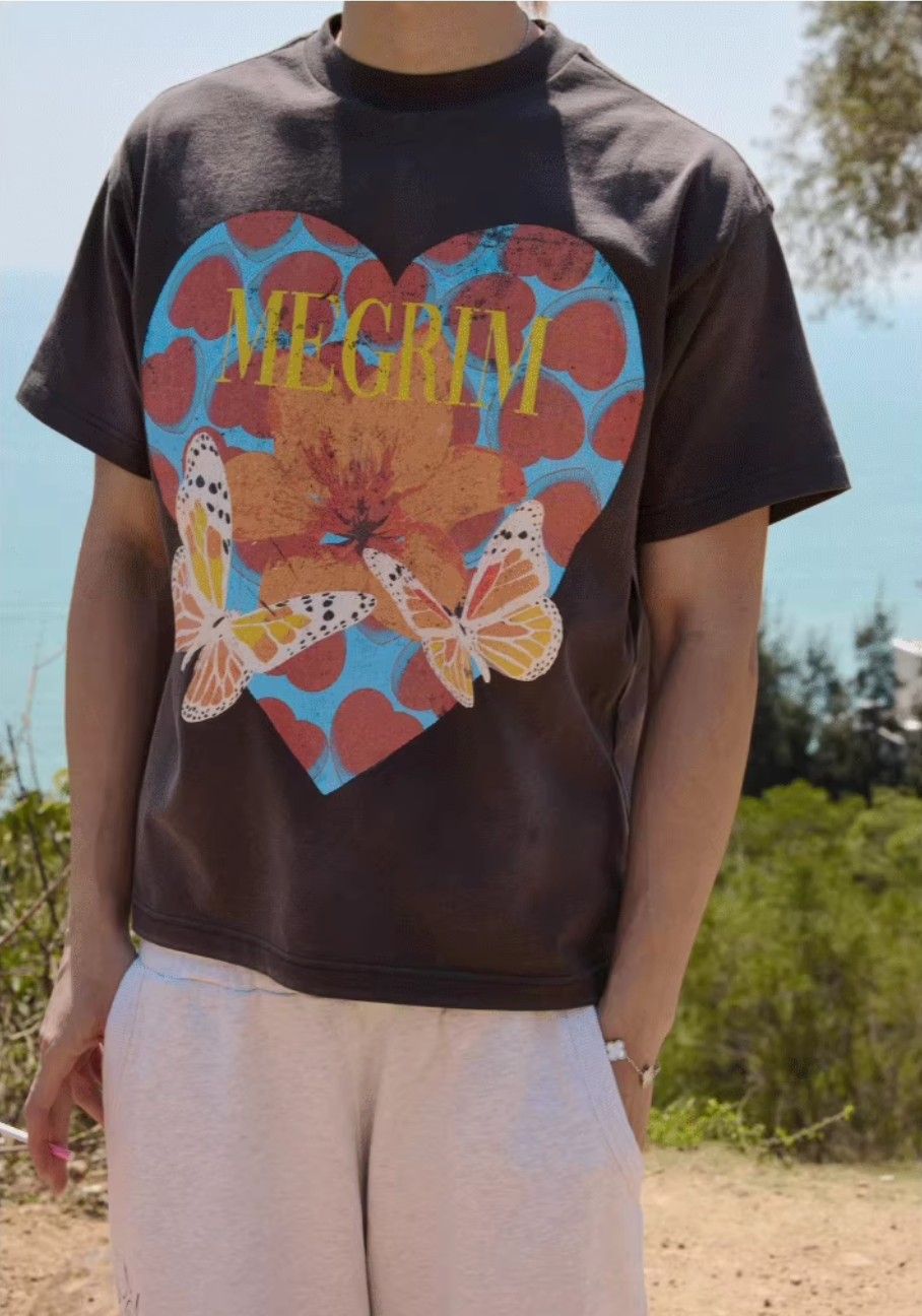 RUSURE Washed Butterfly Heart Print Tee
