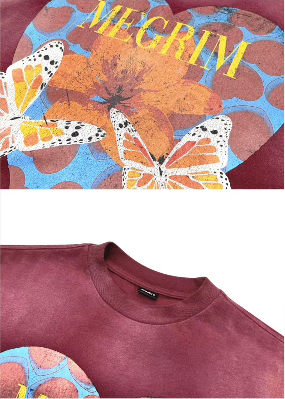 RUSURE Washed Butterfly Heart Print Tee