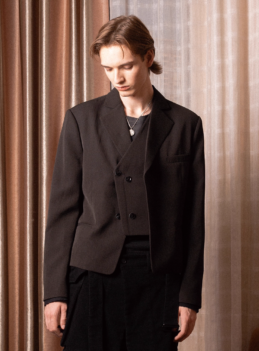 SOD Co. Deconstructed Pinstripe Double Breasted Short Suit Jacket