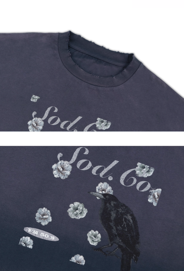 SOD Co. Raven Print Distressed Cropped Long Sleeve Tee