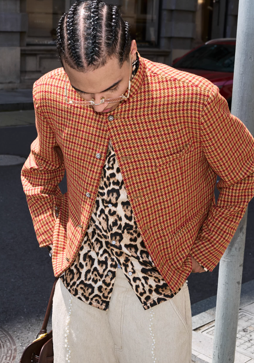 STEEPC Houndstooth Wool Blend Short Suit Jacket