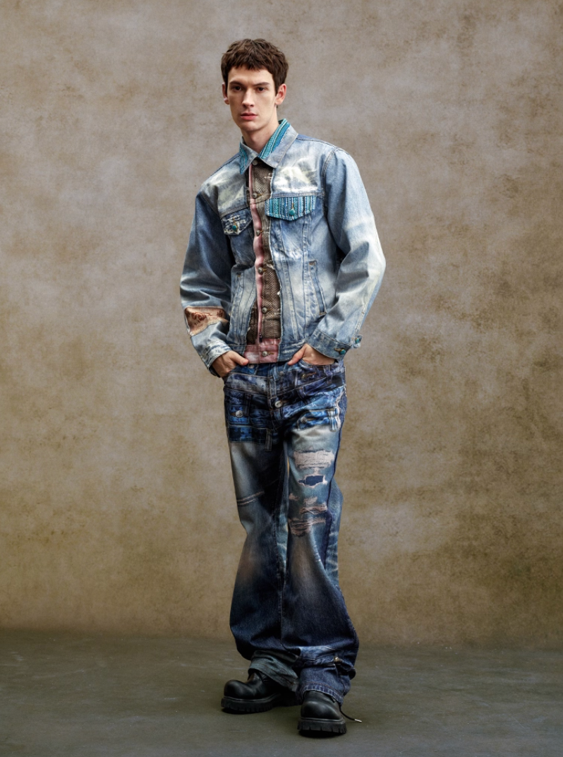 YADcrew Washed Digital Print Denim Jacket