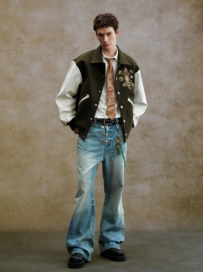 YADcrew Colorful Gemstone Cross Varsity Jacket