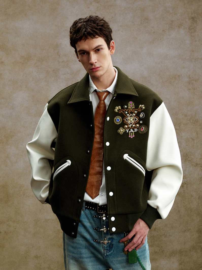 YADcrew Colorful Gemstone Cross Varsity Jacket