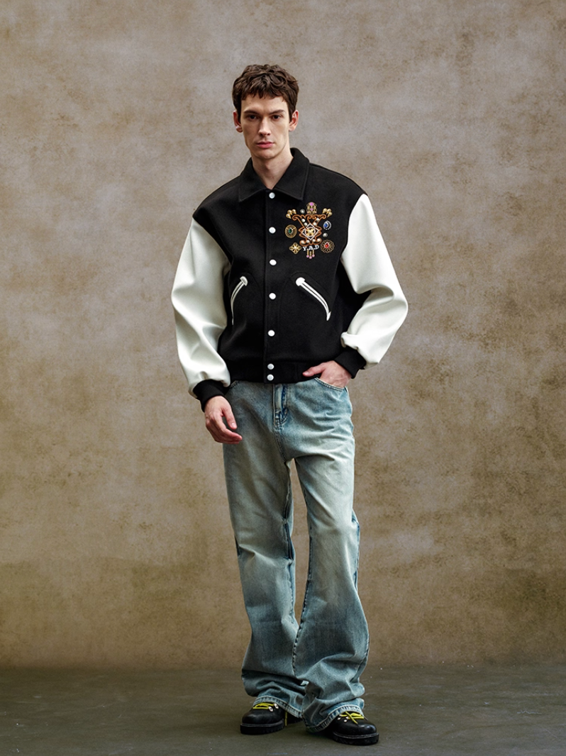YADcrew Colorful Gemstone Cross Varsity Jacket