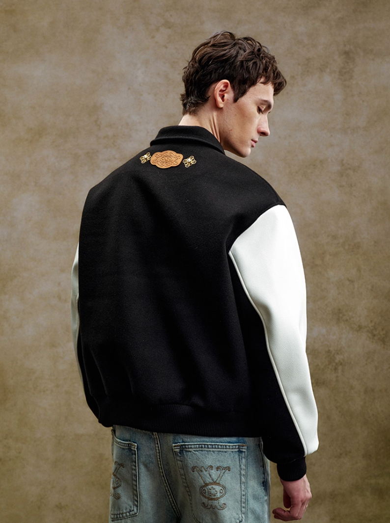 YADcrew Colorful Gemstone Cross Varsity Jacket