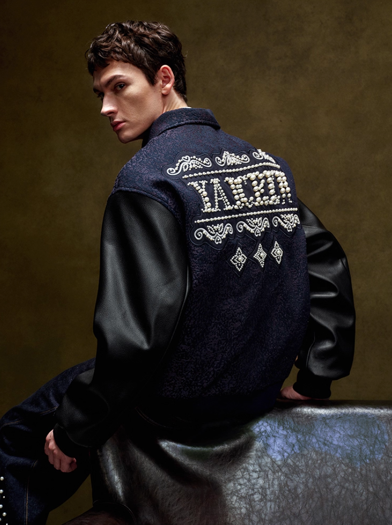 YADcrew Pearl Patch Embroidered Varsity Jacket
