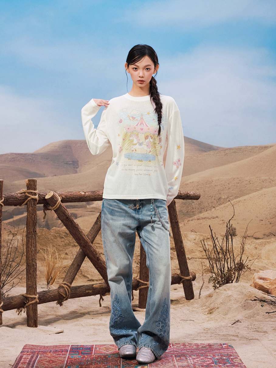 YADcrew Snap Button 3D Embroidery Washed Jeans