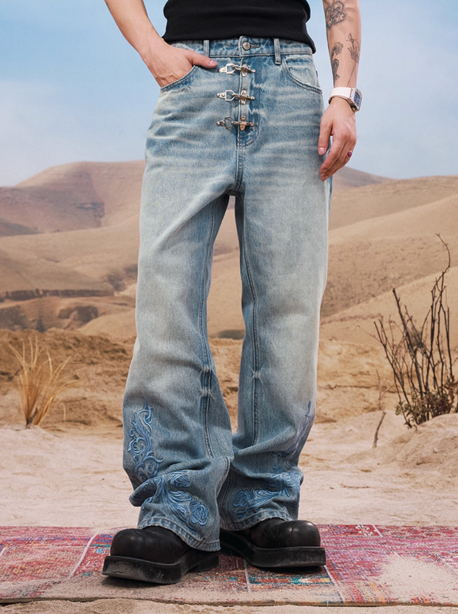 YADcrew Snap Button 3D Embroidery Washed Jeans