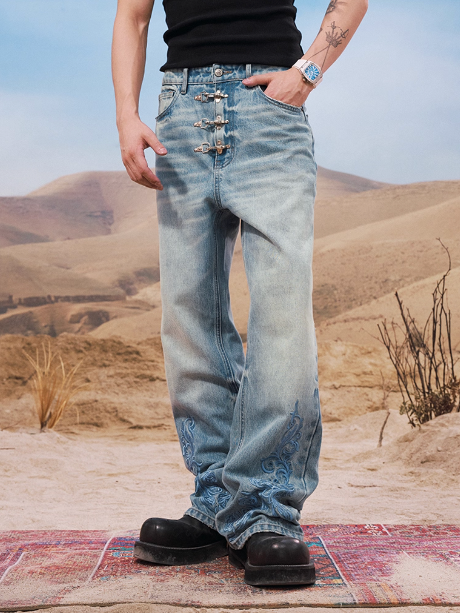 YADcrew Snap Button 3D Embroidery Washed Jeans