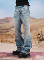 YADcrew Snap Button 3D Embroidery Washed Jeans