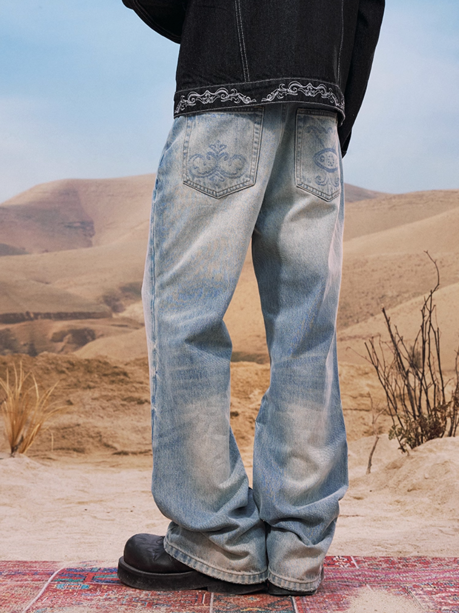 YADcrew Snap Button 3D Embroidery Washed Jeans