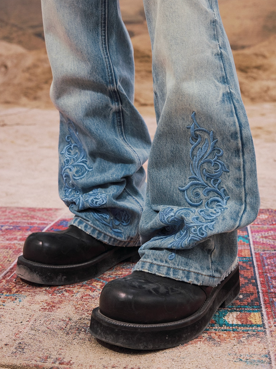 YADcrew Snap Button 3D Embroidery Washed Jeans