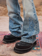 YADcrew Snap Button 3D Embroidery Washed Jeans