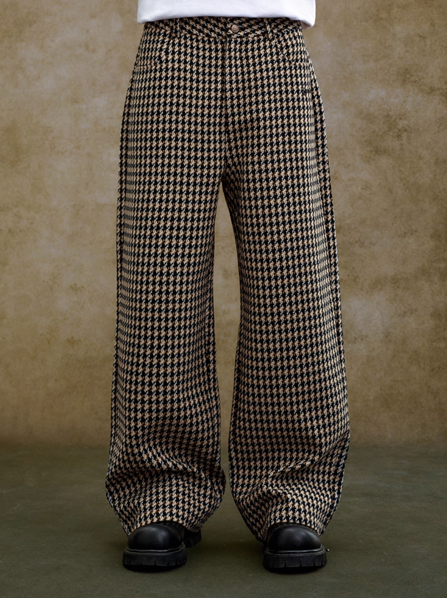 YADcrew Houndstooth Patchwork Leather Pants