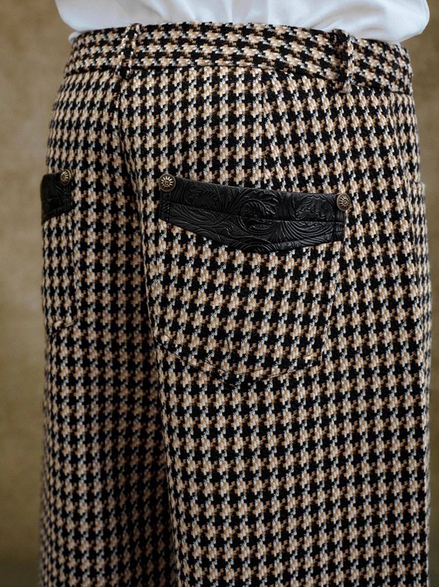 YADcrew Houndstooth Patchwork Leather Pants