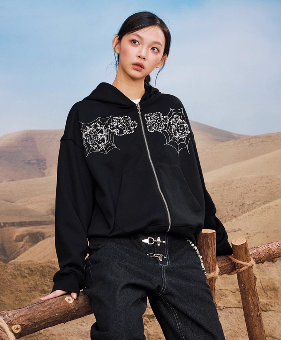 YADcrew Spiderweb Puzzle Pearl Embroidery Zip Up Hoodie