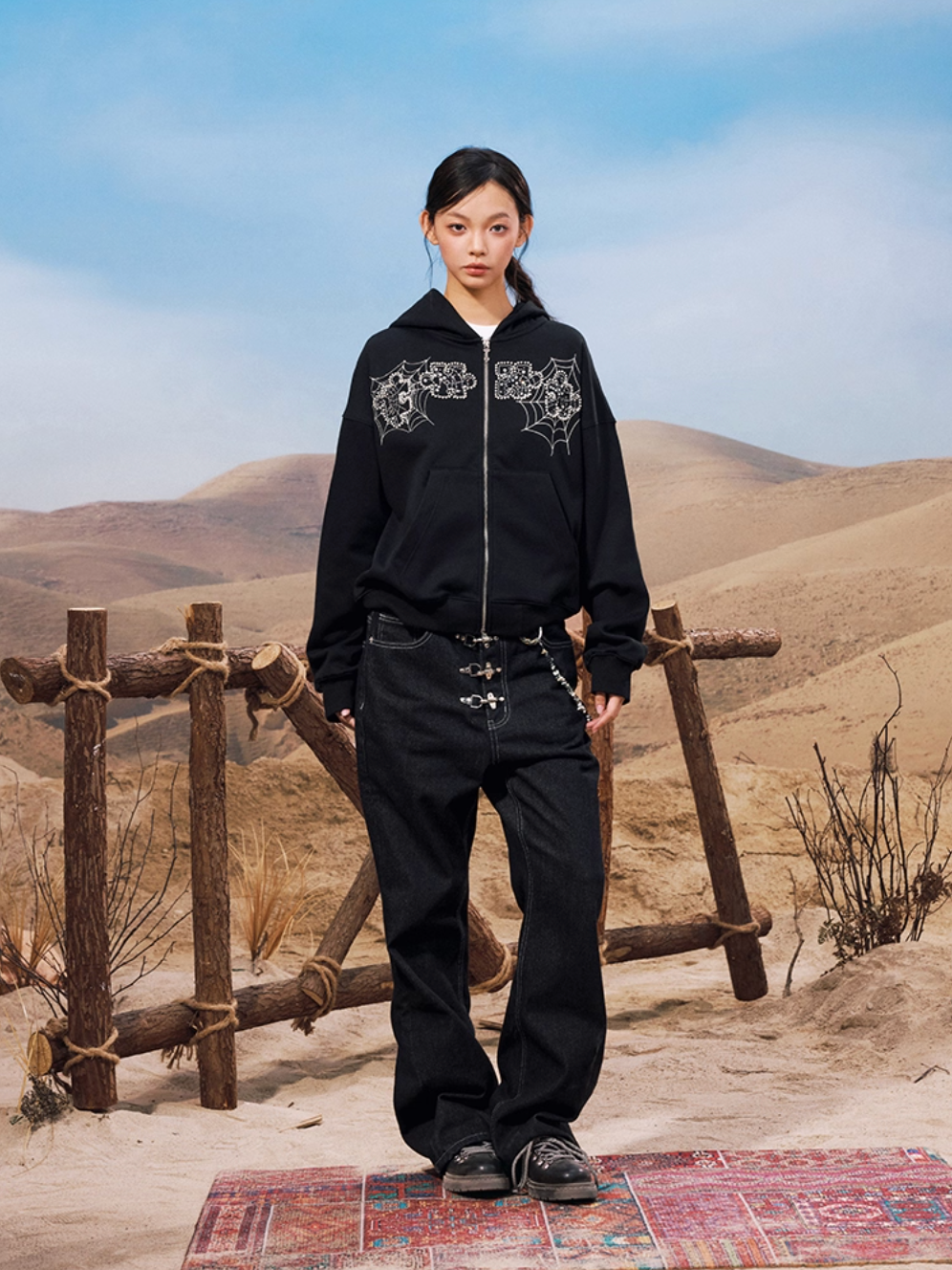 YADcrew Spiderweb Puzzle Pearl Embroidery Zip Up Hoodie