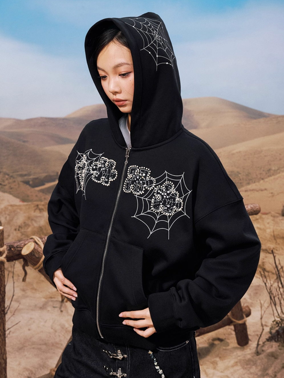 YADcrew Spiderweb Puzzle Pearl Embroidery Zip Up Hoodie