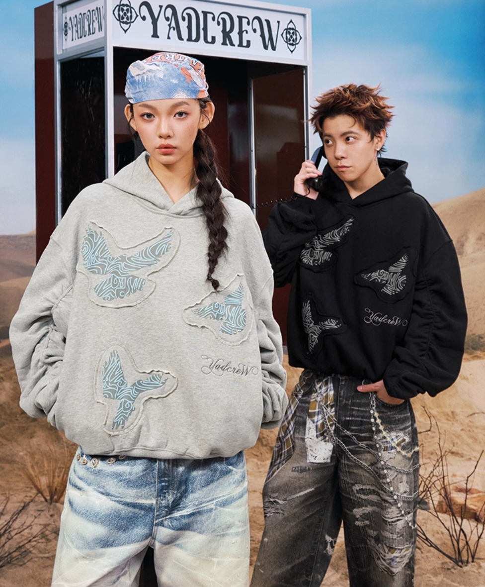 YADcrew Peace Dove Pleated Sleeves Hoodie