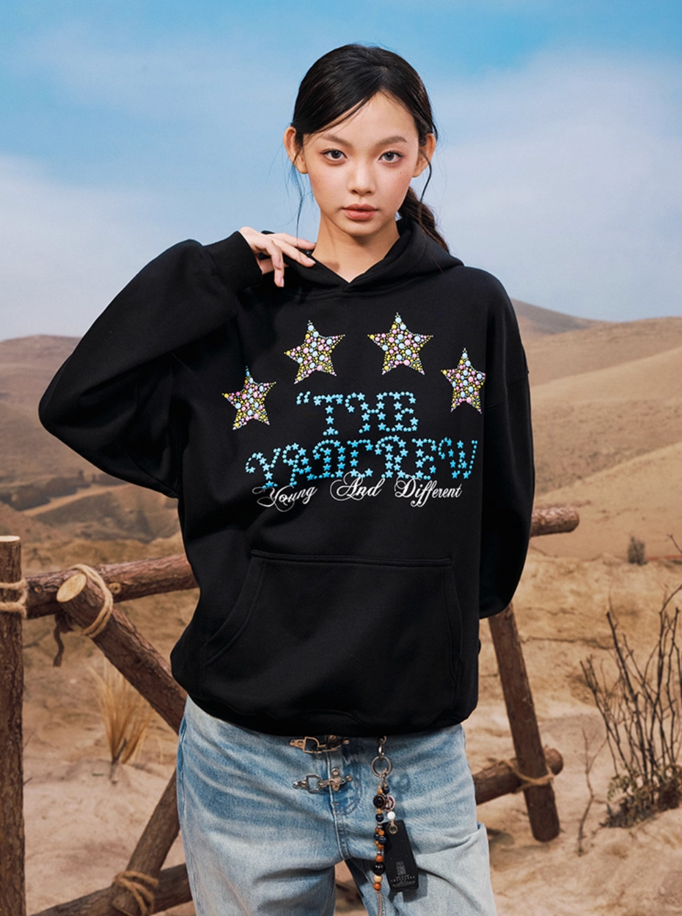 YADcrew Colorful Hot Bead Star Hoodie
