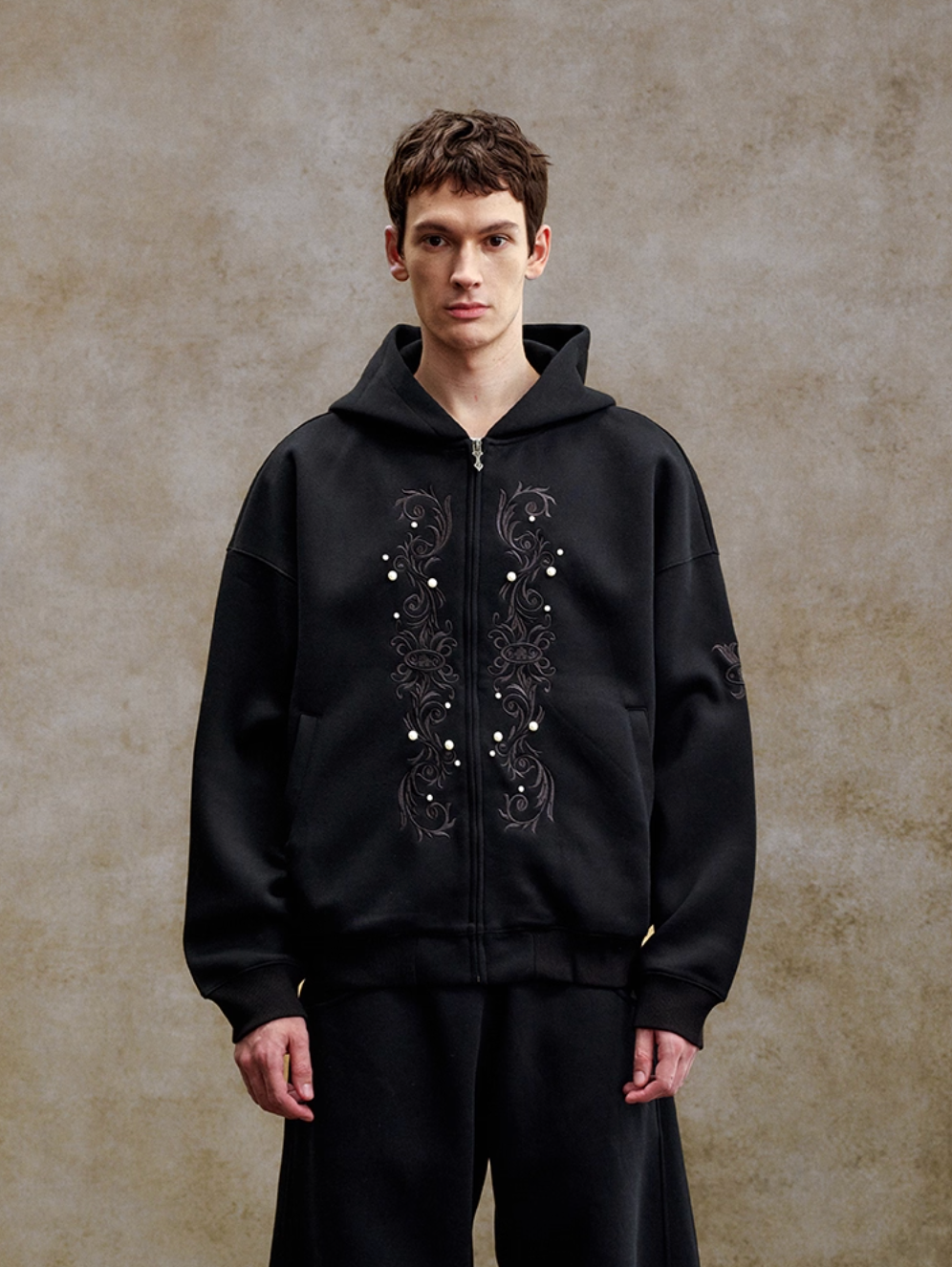 YADcrew Pearl Embroidery Zip Up Hoodie