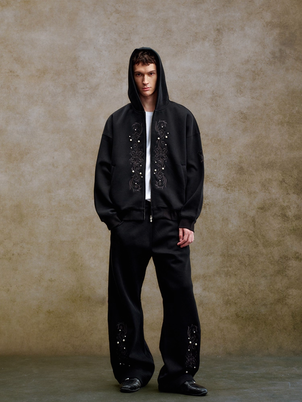 YADcrew Pearl Embroidery Zip Up Hoodie