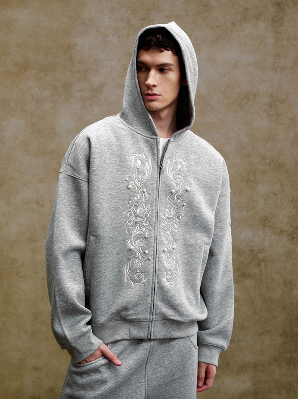 YADcrew Pearl Embroidery Zip Up Hoodie