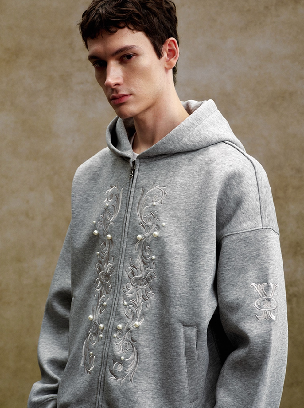 YADcrew Pearl Embroidery Zip Up Hoodie