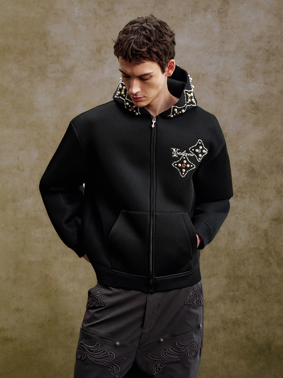 YADcrew Colorful Gemstone Pearl Mesh Zip Up Hoodie
