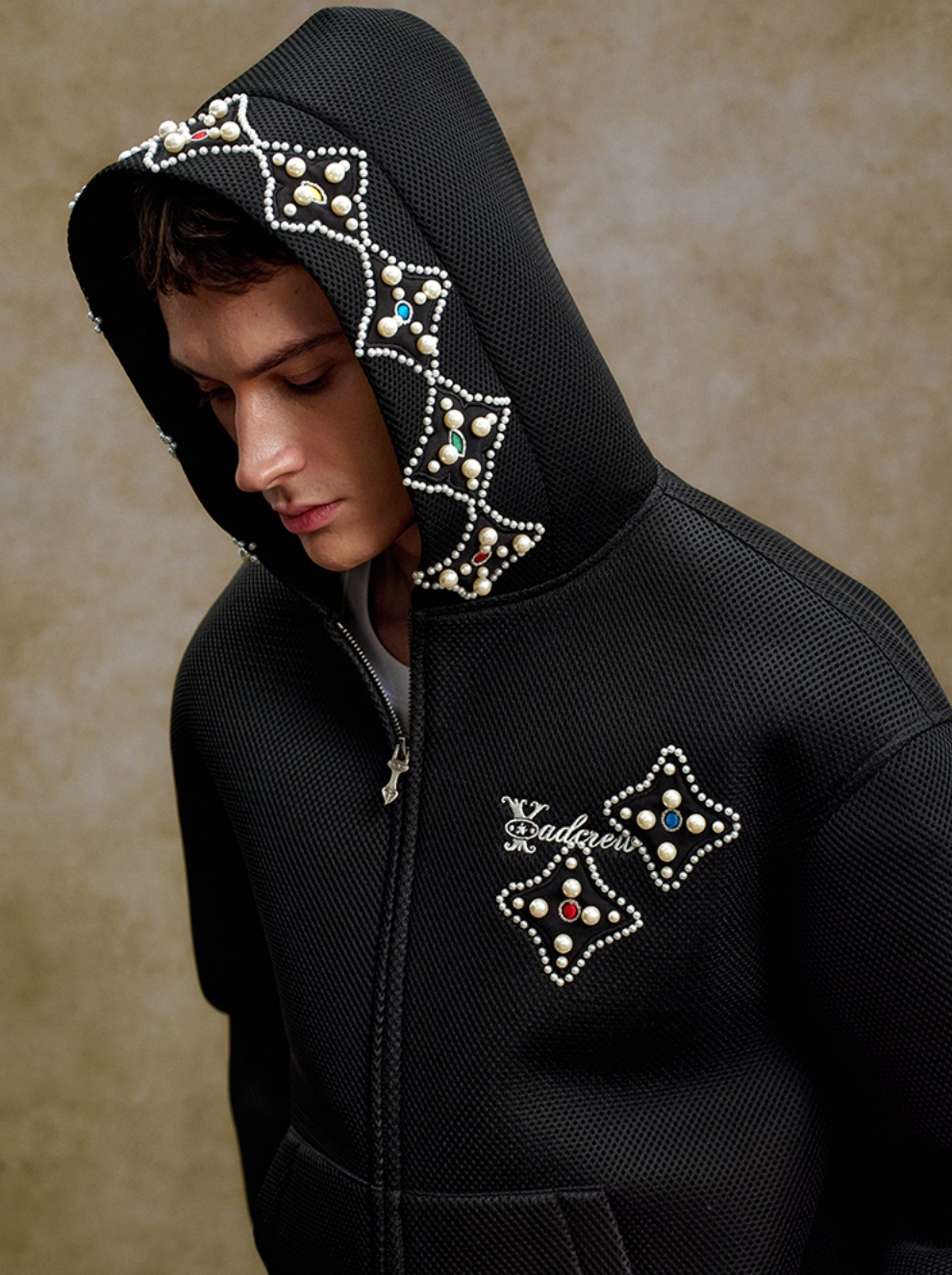 YADcrew Colorful Gemstone Pearl Mesh Zip Up Hoodie