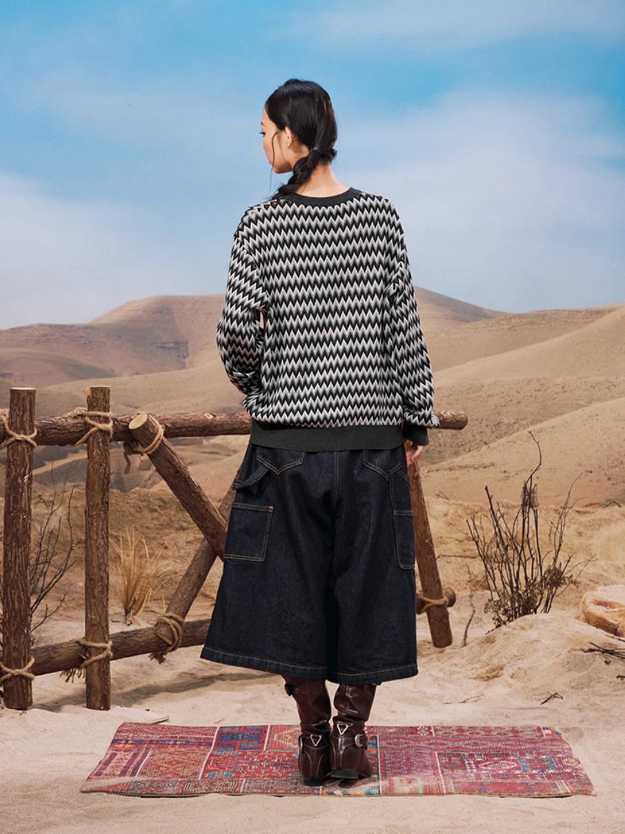 YADcrew Sequin Cross Flower Wave Pattern Knit Sweater