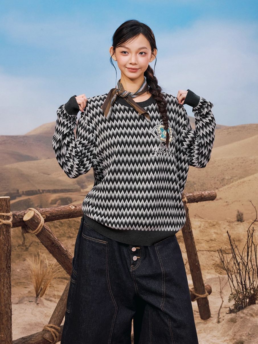 YADcrew Sequin Cross Flower Wave Pattern Knit Sweater
