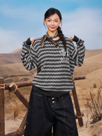 YADcrew Sequin Cross Flower Wave Pattern Knit Sweater