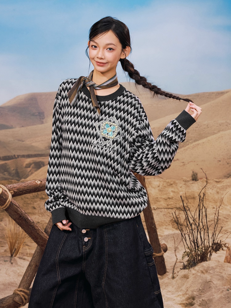 YADcrew Sequin Cross Flower Wave Pattern Knit Sweater