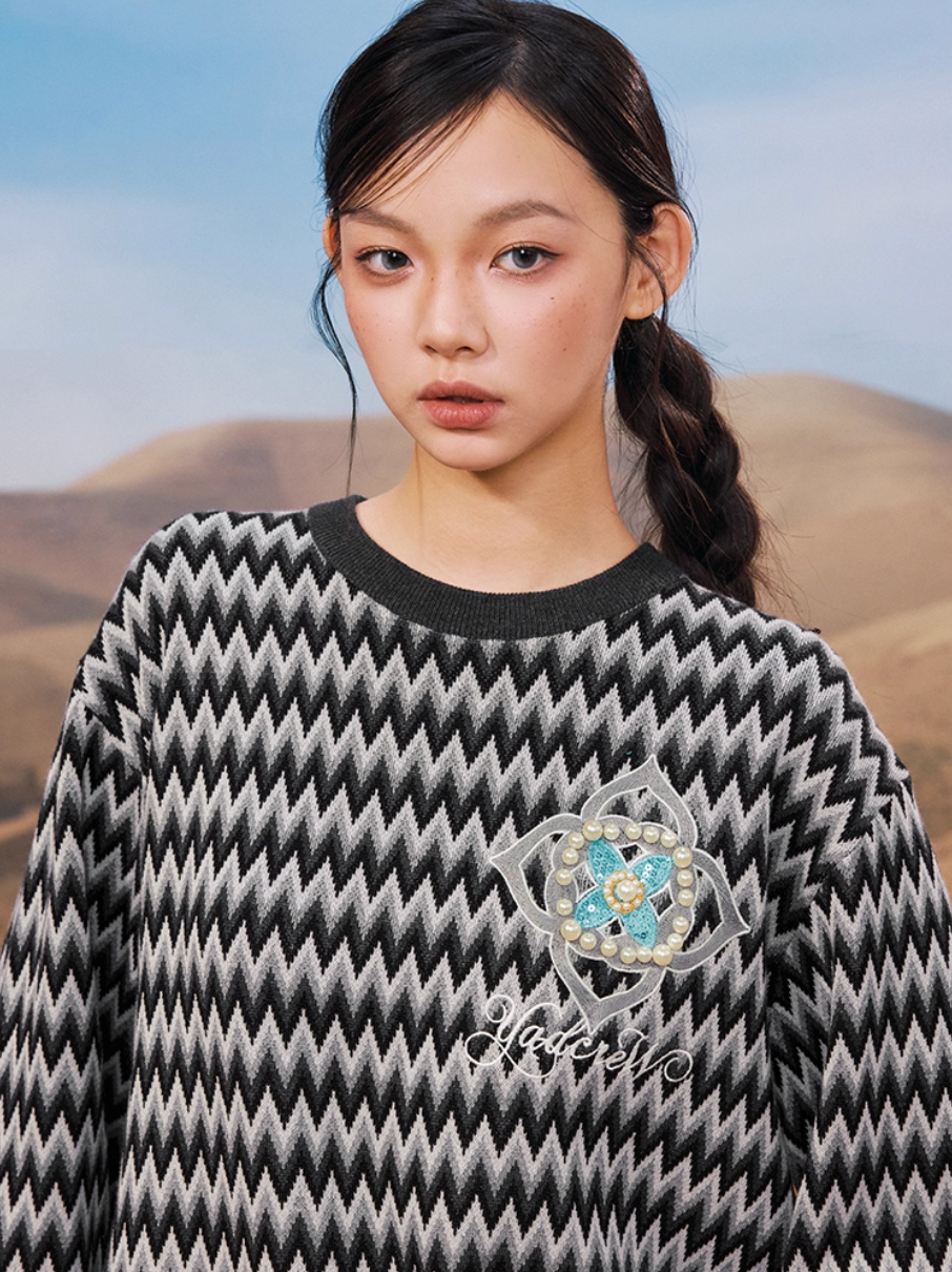YADcrew Sequin Cross Flower Wave Pattern Knit Sweater