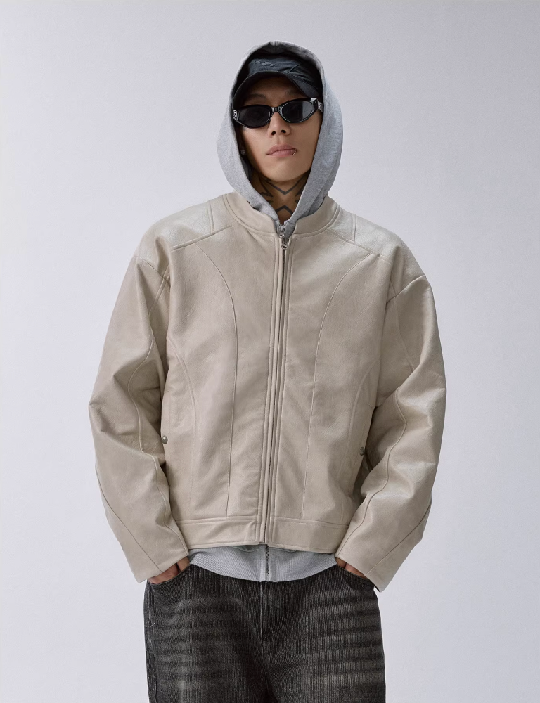 F2CE Patchwork Grain PU Leather Racing Jacket