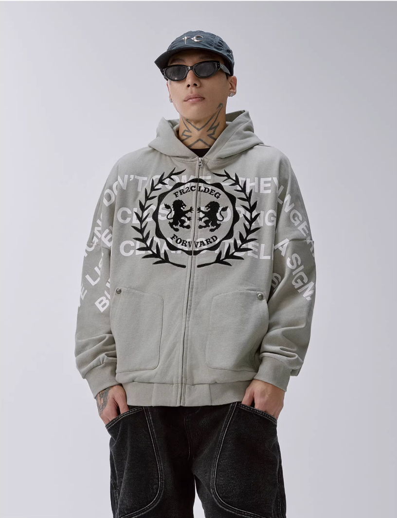 F2CE Embroidered Printed Zip Up Hoodie