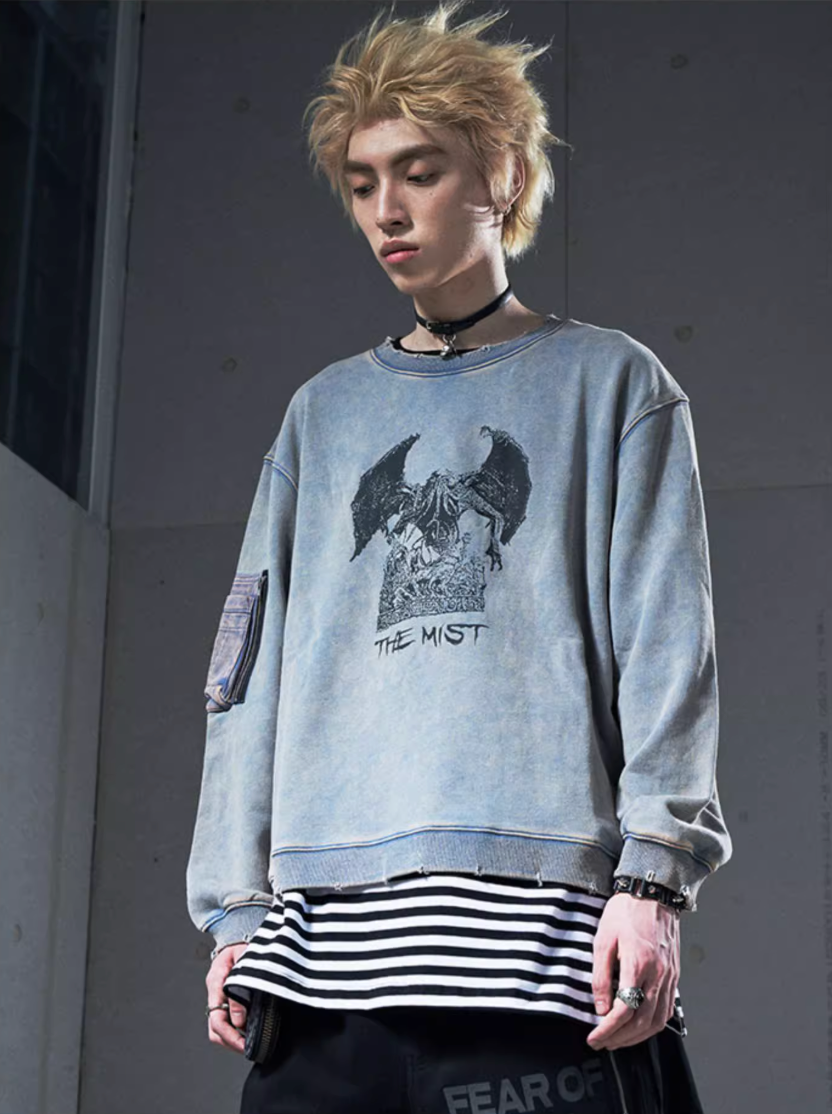 VENTUREK Washed Destruction Printed Sweatshirt
