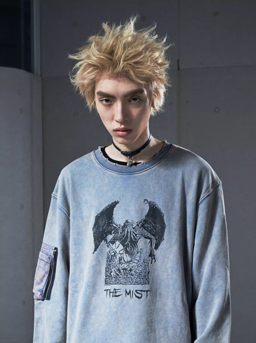VENTUREK Washed Destruction Printed Sweatshirt